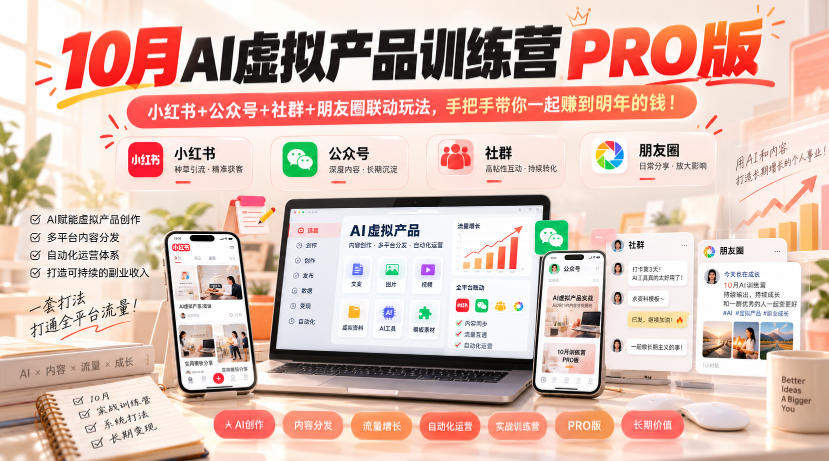 10月AI虚拟产品训练营PRO版，小红书+公众号+社群+朋友圈联动玩法，手把手带你一起赚到明年的钱！(更新1029)